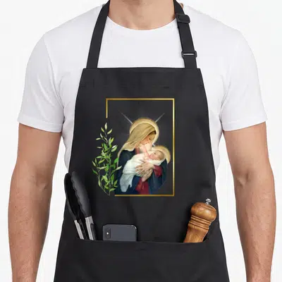 Tablier de cuisine noir avec une illustration de la Sainte Vierge Marie tenant l'enfant Jésus dans un cadre doré.