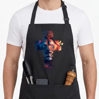 Tablier de cuisine noir avec un Lion de Juda stylisé en forme de croix aux couleurs cosmiques.
