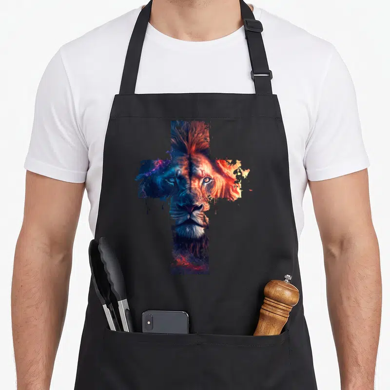 Tablier de cuisine noir avec un Lion de Juda stylisé en forme de croix aux couleurs cosmiques.