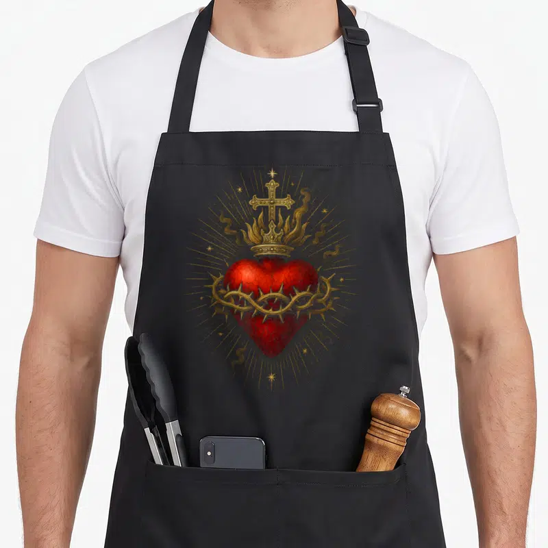 Tablier de cuisine noir avec un Sacré-Cœur rouge, couronne dorée et couronne d'épines.