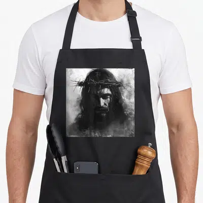 Tablier de cuisine noir avec illustration monochrome de Jésus Christ coiffé d'une couronne d'épines au style gravure expressive.