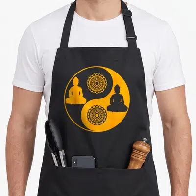 Tablier de cuisine noir avec un grand cercle Yin-Yang orange et gris contenant deux silhouettes de Bouddha et des motifs de mandala.