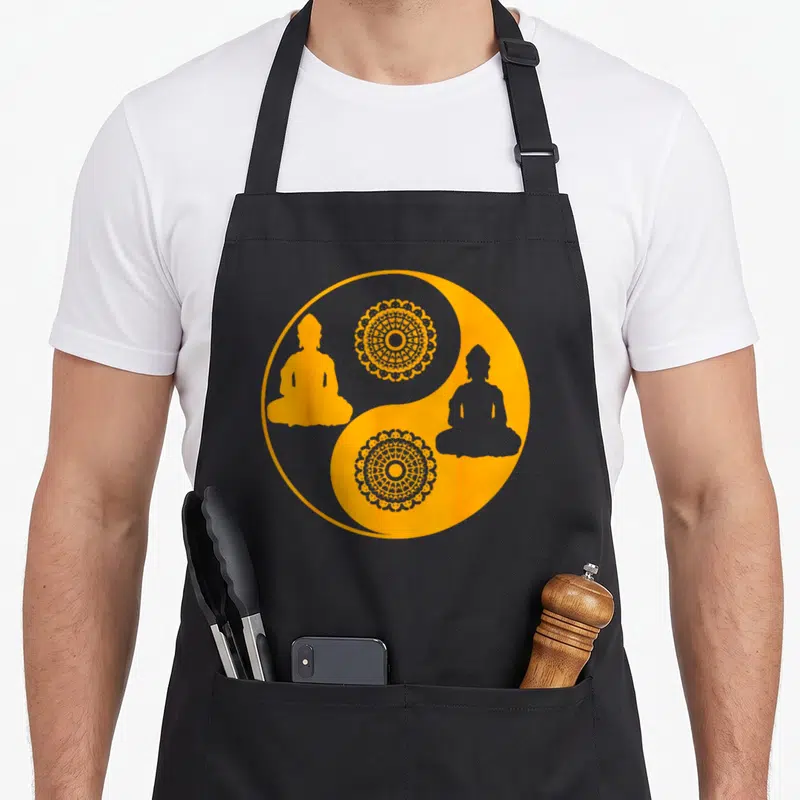 Tablier de cuisine noir avec un grand cercle Yin-Yang orange et gris contenant deux silhouettes de Bouddha et des motifs de mandala.