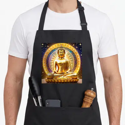 Tablier de cuisine noir avec une illustration d'un Bouddha doré assis sur un lotus devant un mandala étoilé.