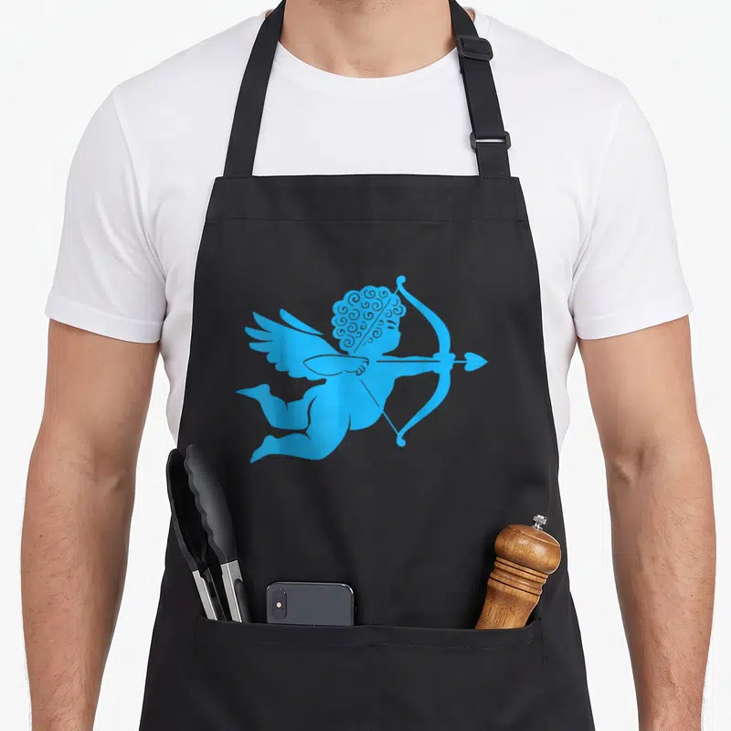 Tablier de cuisine noir avec silhouette bleue d'un chérubin ailé tenant un arc et une flèche.