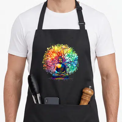 Tablier de cuisine noir avec une illustration d'un Bouddha méditant devant un arbre aux couleurs vives et variées.