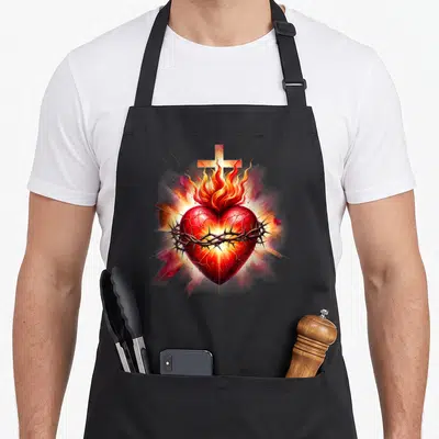 Tablier de cuisine noir avec un Sacré-Cœur de Jésus enflammé et couronné d'épines sous une croix dorée.