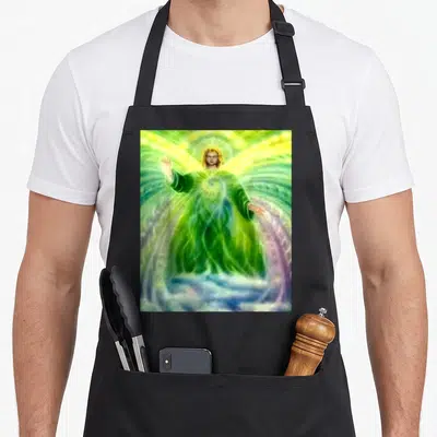 Tablier de cuisine noir avec une illustration colorée de l'Archange Raphaël baigné de lumière verte et dorée.