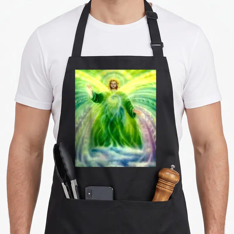 Tablier de cuisine noir avec une illustration colorée de l'Archange Raphaël baigné de lumière verte et dorée.