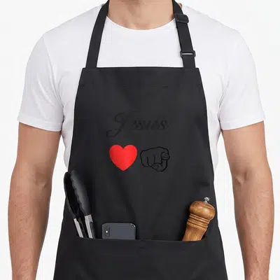 Tablier de cuisine noir avec le mot Jesus en écriture cursive, un cœur rouge et une main pointée vers l'avant.