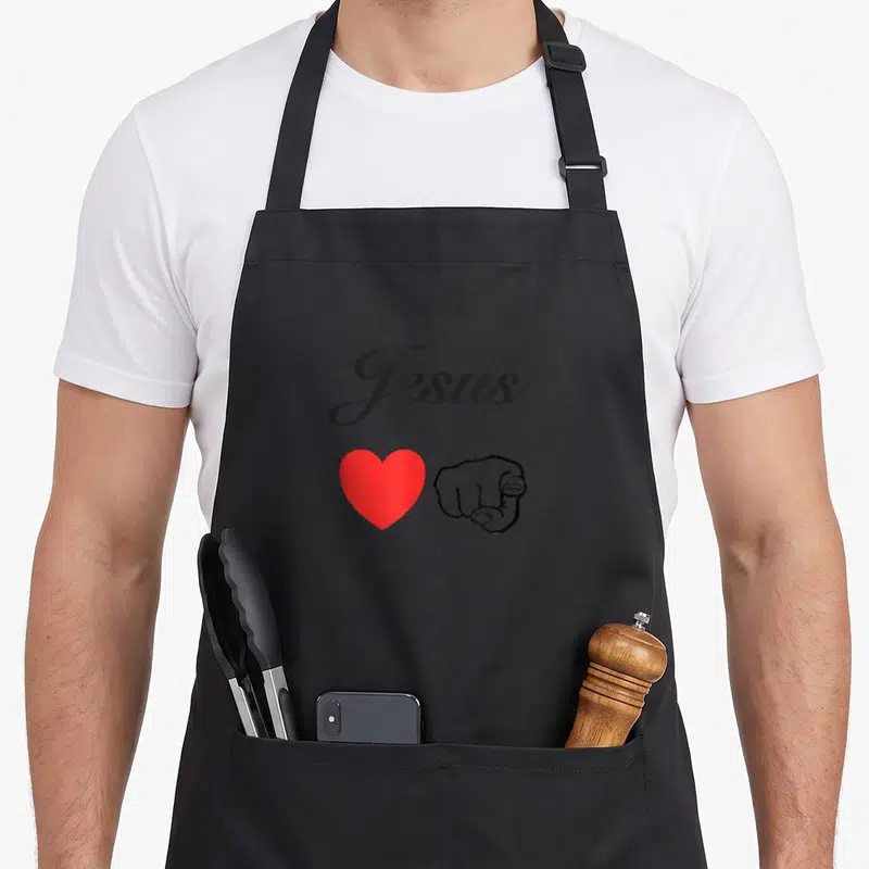 Tablier de cuisine noir avec le mot Jesus en écriture cursive, un cœur rouge et une main pointée vers l'avant.