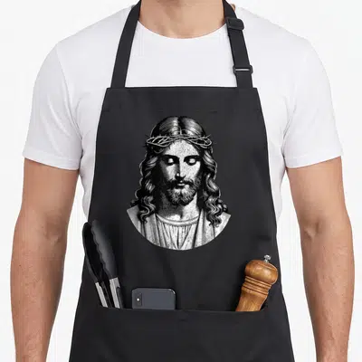 Tablier de cuisine noir avec illustration gravure de Jésus couronné d'épines style vintage.