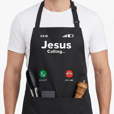 Tablier de cuisine noir avec écran de téléphone affichant Jesus Calling et les boutons Accept et Decline en bas.