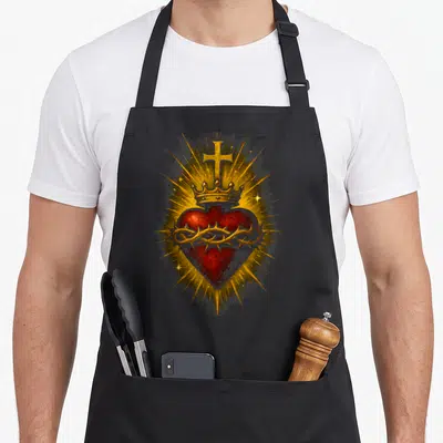 Tablier de cuisine noir avec un Sacré-Cœur de Jésus couronné, épines et croix dorée rayonnante au centre du torse.