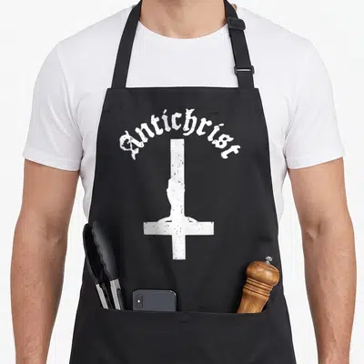 Tablier de cuisine noir avec inscription Antichrist et croix blanche inversée texturée sur le devant.