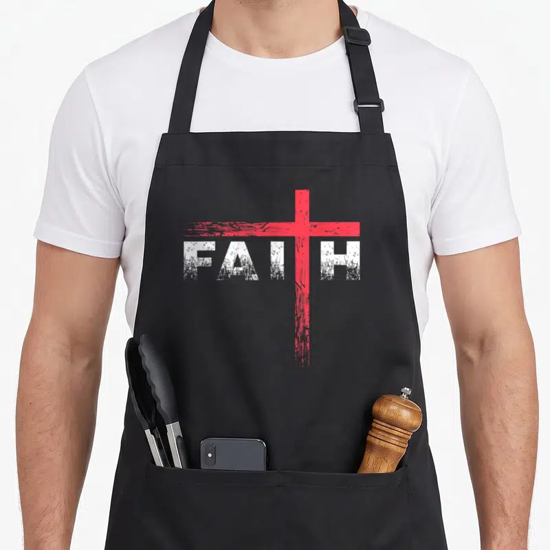 Tablier de cuisine noir avec le mot Faith en blanc et une croix rouge stylisée sur le devant.
