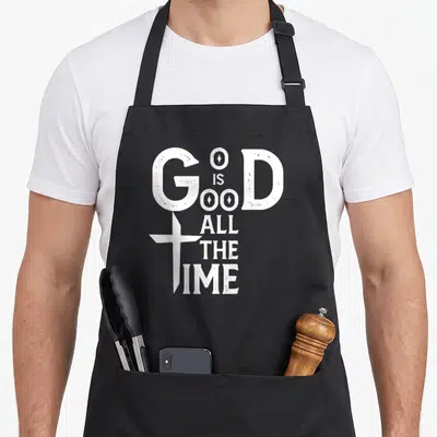 Tablier de cuisine noir avec inscription blanche « God Is Good All Time » et croix stylisée intégrée au G.