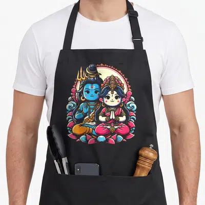 Tablier de cuisine noir avec illustration colorée de Shiva et Parvati assis sur des fleurs de lotus.