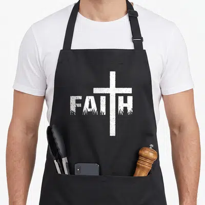 Tablier de cuisine noir avec une croix blanche et le mot FAITH en typographie usée.