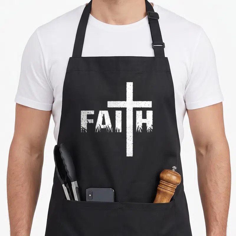 Tablier de cuisine noir avec une croix blanche et le mot FAITH en typographie usée.