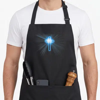 Tablier de cuisine noir avec une croix Jésus Christ émettant une lumière bleue rayonnante au centre du torse.