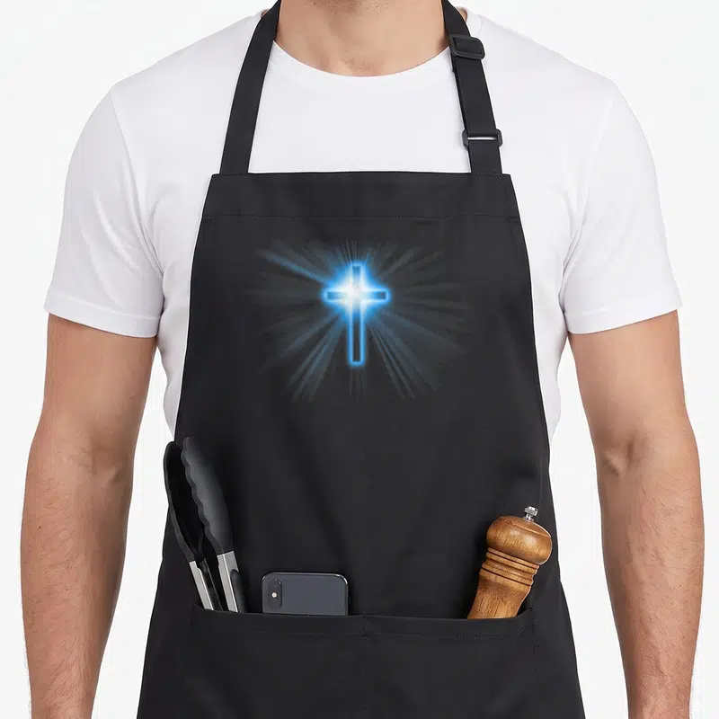 Tablier de cuisine noir avec une croix Jésus Christ émettant une lumière bleue rayonnante au centre du torse.