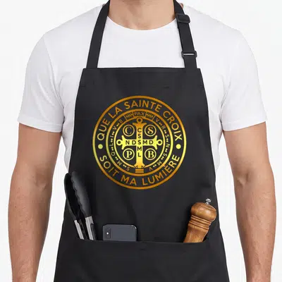 Tablier de cuisine noir avec l'emblème doré de la Croix de Saint Benoît et une inscription circulaire.