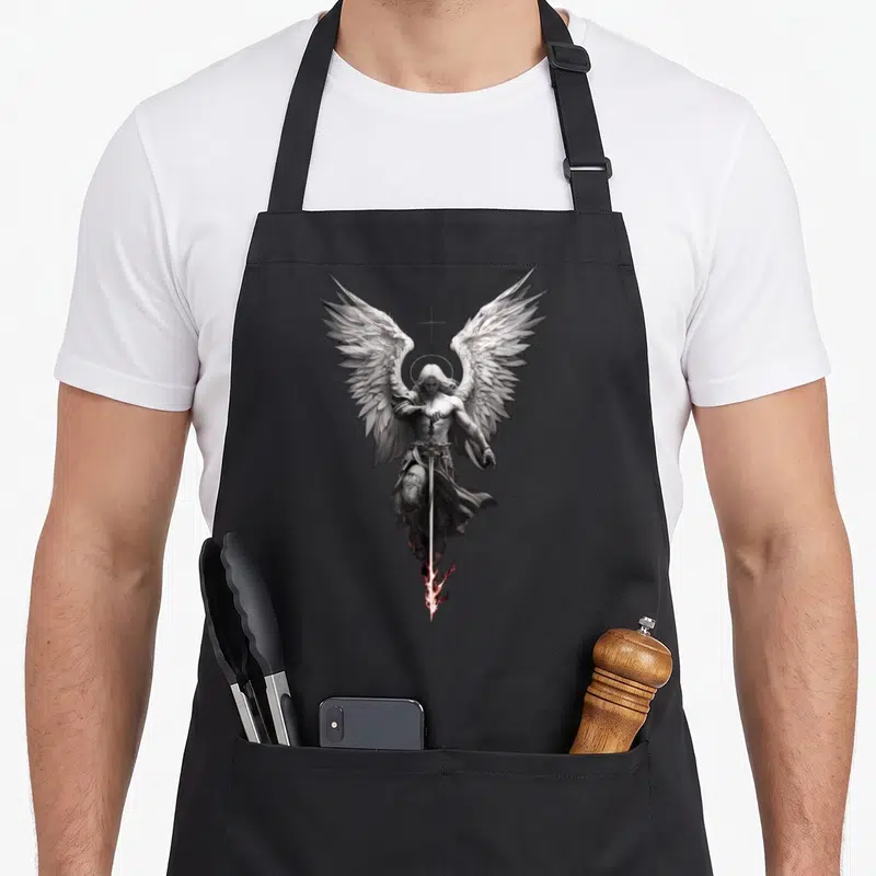 Tablier de cuisine noir avec illustration d'un ange archange aux ailes déployées tenant une épée flamboyante sous une croix.