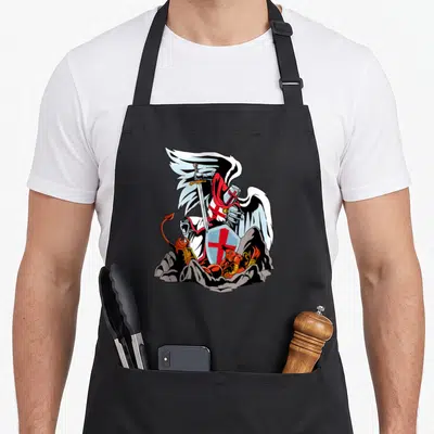 Tablier de cuisine noir avec illustration d'un ange à ailes blanches écrasant un démon sous son bouclier orné d'une croix rouge.