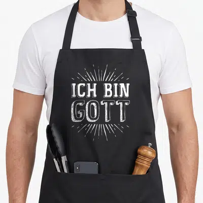Tablier de cuisine noir avec inscription blanche ICH BIN GOTT entourée de rayons lumineux stylisés.