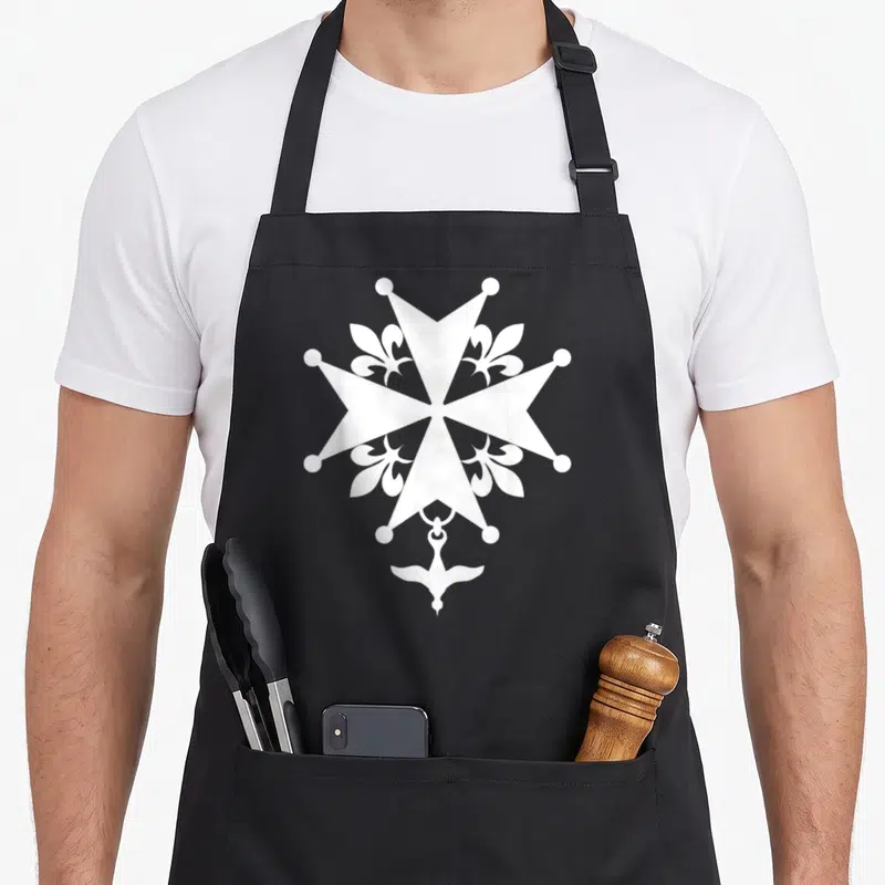 Tablier de cuisine noir avec une grande croix blanche à huit branches, des fleurs de lys et une colombe en bas.