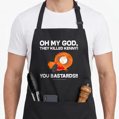 Tablier de cuisine noir avec l'enfant en parka orange et le texte Oh my God they killed Kenny You bastards