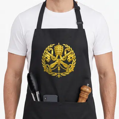 Tablier de cuisine noir avec les Clés catholiques Romaines du Vatican en doré.