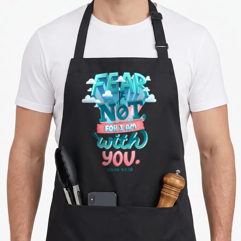Tablier de cuisine noir avec l'inscription FEAR NOT FOR I AM with YOU et une silhouette sautant entre les lettres bleues et roses.