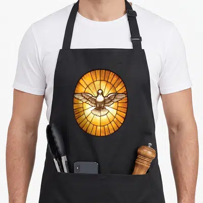 Tablier de cuisine noir avec une colombe stylisée en vitrail ovale aux teintes dorées et brunes.