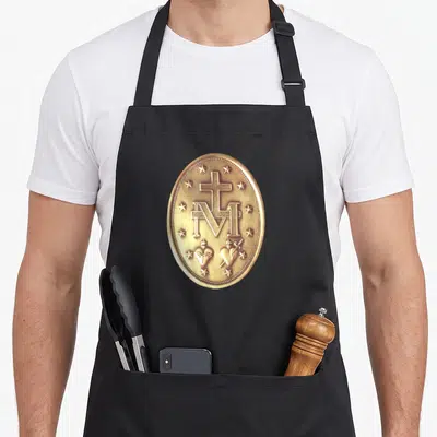 Tablier de cuisine noir avec une grande médaille miraculeuse dorée imprimée au centre.