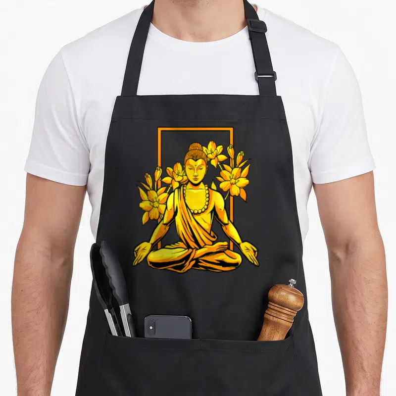 Tablier de cuisine noir avec Gautama Bouddha assis en tailleur entouré de fleurs jaunes et d'un cadre orange.