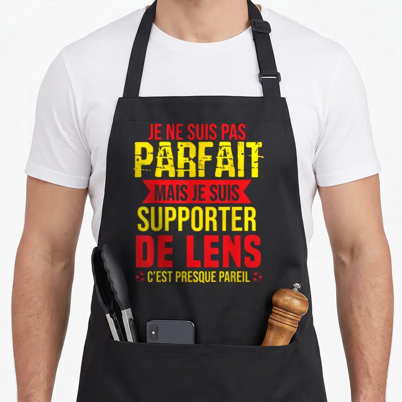 Tablier de cuisine noir avec inscription jaune et rouge Je ne suis pas parfait supporter de Lens