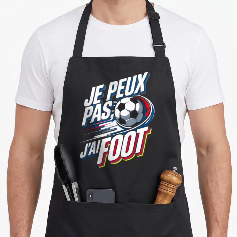Tablier de cuisine noir avec inscription Je peux pas j'ai foot et ballon de football dynamique
