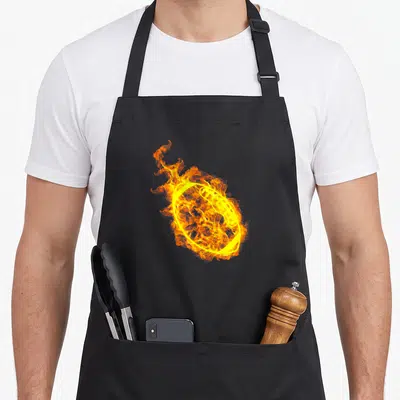 Tablier de cuisine noir avec un ballon de rugby entouré de flammes oranges et jaunes vives.