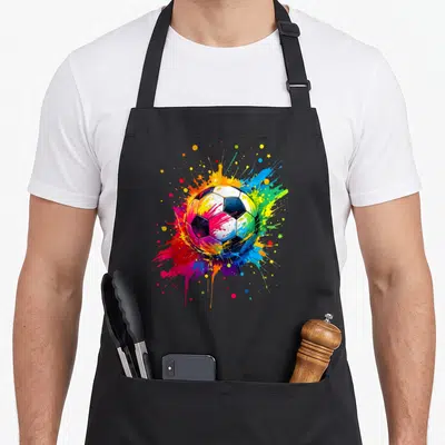 Tablier de cuisine noir avec un ballon de football multicolore entouré d'éclats de peinture vive.