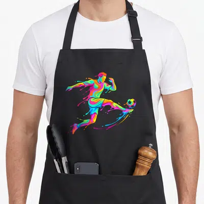 Tablier de cuisine noir avec une illustration colorée d'un joueur de football en action composé de taches de peinture fluide.