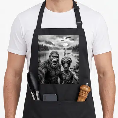 Tablier de cuisine noir avec illustration de Bigfoot et d'un alien prenant un selfie devant le Monstre du Loch Ness et des engins volants.