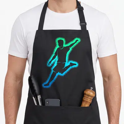 Tablier de cuisine noir avec silhouette d'enfant garçon en course aux contours néon vert et bleu.