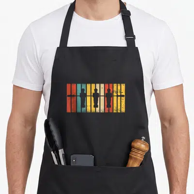 Tablier de cuisine noir avec trois silhouettes de joueurs de foosball sur des bandes verticales rouges, bleues et jaunes texturées.