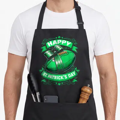 Tablier de cuisine noir avec un ballon de rugby vert en cadeau et le texte Happy St. Patrick's Day imprimé au centre.