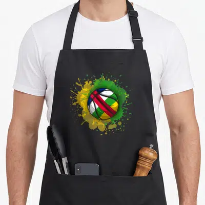 Tablier de cuisine noir avec un ballon aux couleurs du drapeau de la République centrafricaine entouré de taches de peinture.
