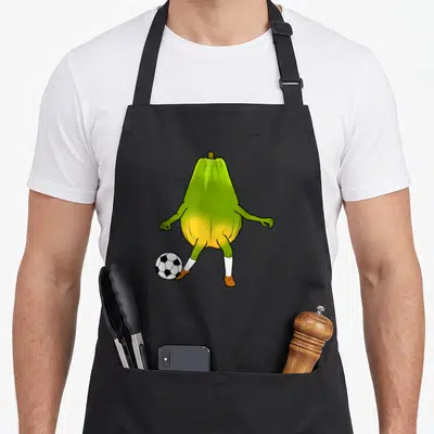Tablier de cuisine noir avec illustration d'un joueur mignon ballon de papaye en train de jouer au foot.