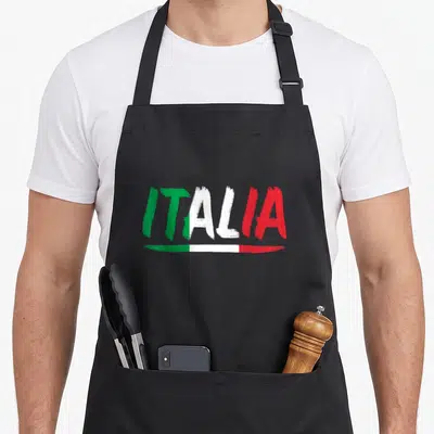 Tablier de cuisine noir avec le mot ITALIA peint en vert blanc et rouge au pinceau