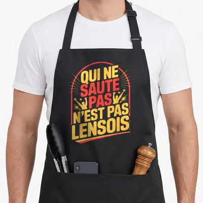 Tablier de cuisine noir avec inscription rouge et jaune Qui ne saute pas n'est pas Lensois et silhouettes de supporters.